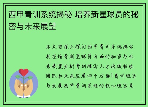 西甲青训系统揭秘 培养新星球员的秘密与未来展望